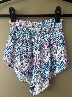 Blue Purple Patterned Elastic Waist Shorts Size 4 Boho Tribal Print Soft Pull-On